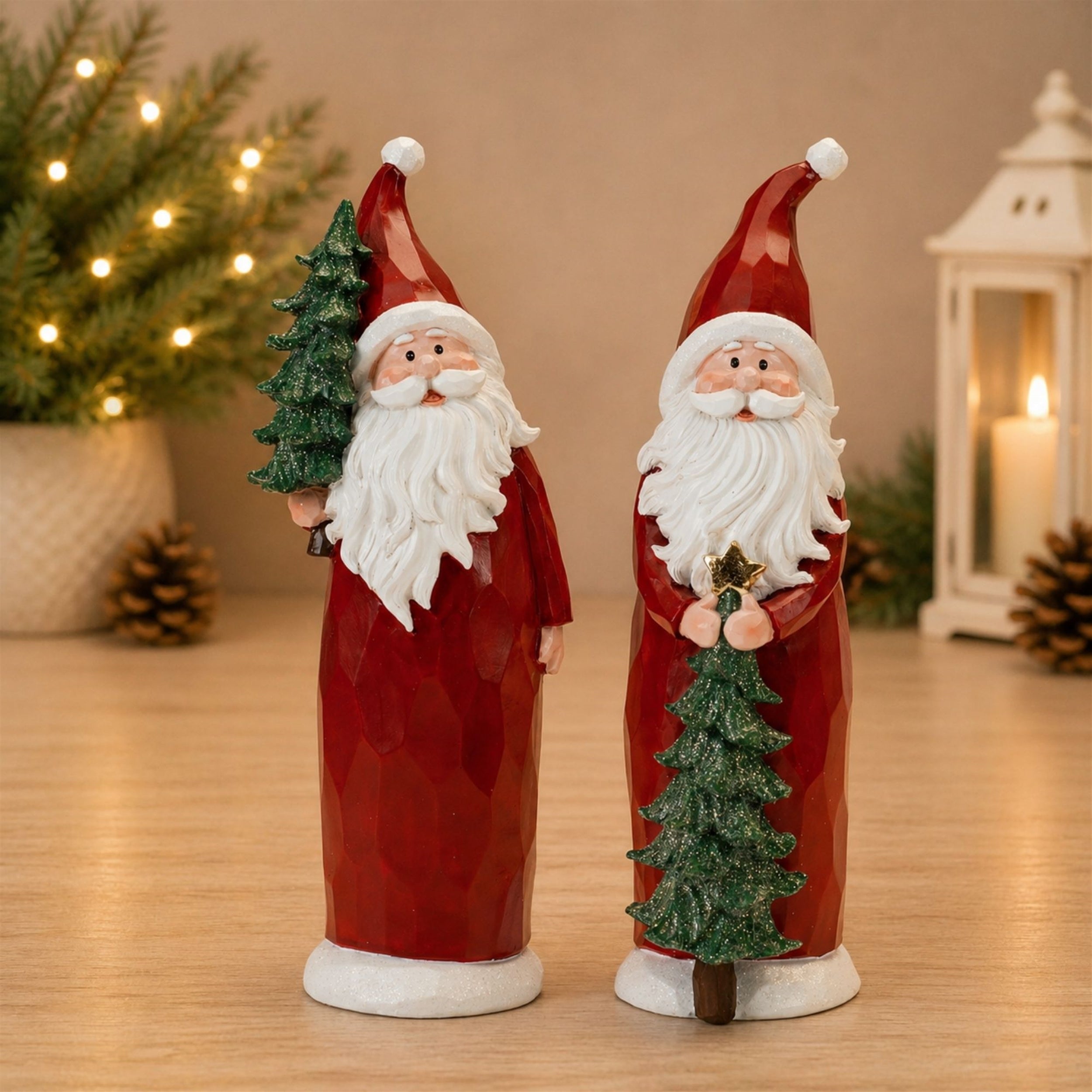 Carved Santa with Glittered Pine (Set of 2)