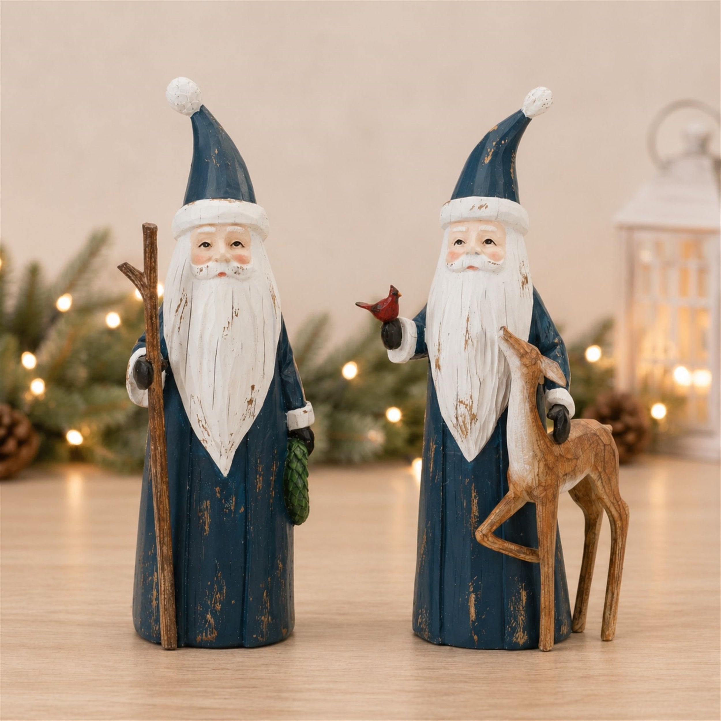 Carved Woodland Santa with Deer Figurine (Set of 2)