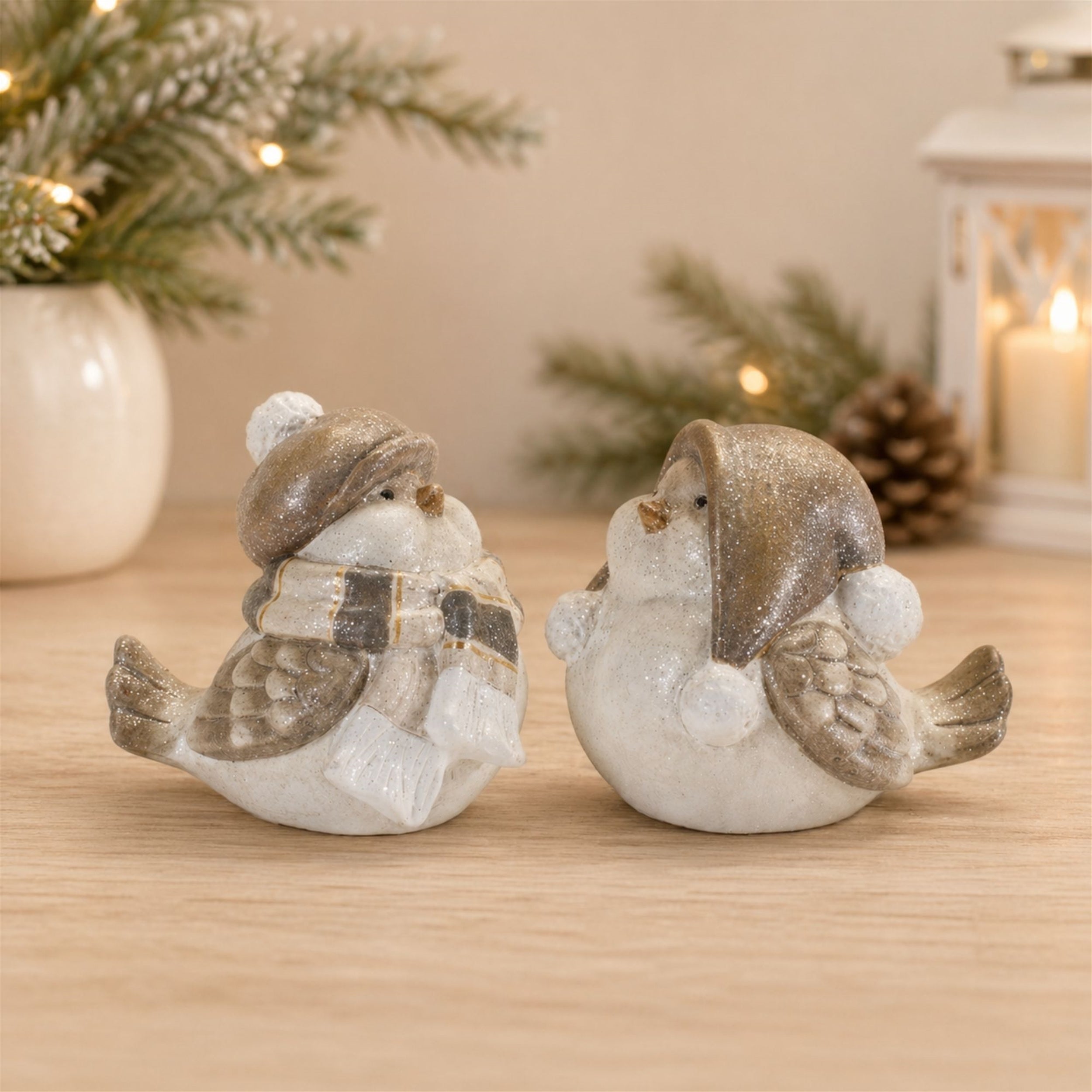 Glittered Winter Bird with Hat (Set of 4)