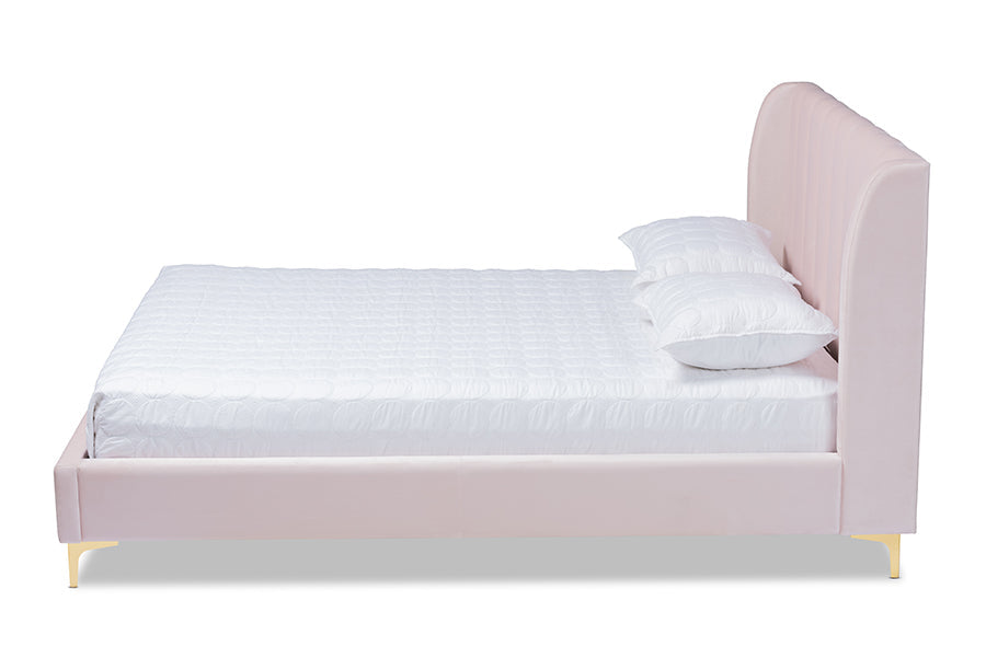 Baxton Studio Saverio Glam and Luxe Light Pink Velvet Fabric Upholstered Queen Size Platform Bed with Gold-Tone Legs