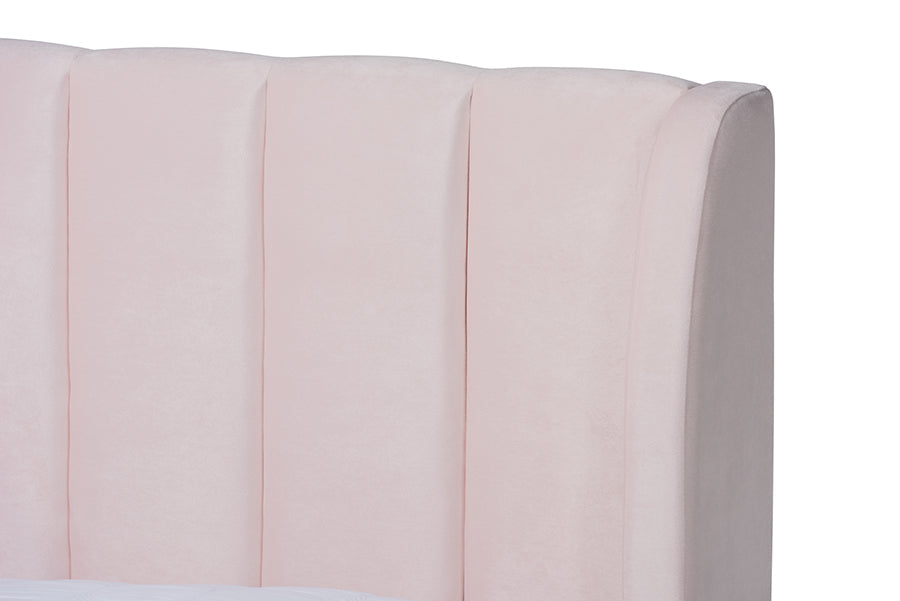 Baxton Studio Saverio Glam and Luxe Light Pink Velvet Fabric Upholstered Queen Size Platform Bed with Gold-Tone Legs
