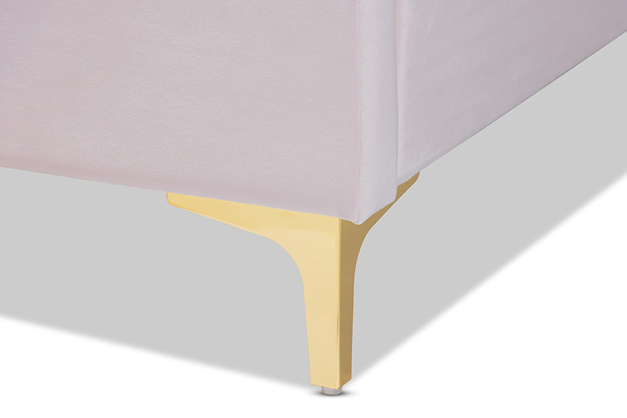 Baxton Studio Saverio Glam and Luxe Light Pink Velvet Fabric Upholstered Queen Size Platform Bed with Gold-Tone Legs