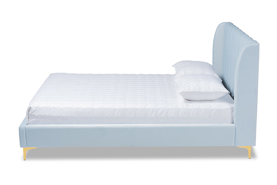 Baxton Studio Saverio Glam and Luxe Light Blue Velvet Fabric Upholstered Queen Size Platform Bed with Gold-Tone Legs