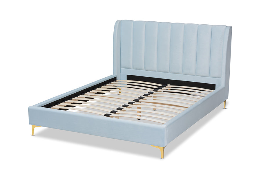 Baxton Studio Saverio Glam and Luxe Light Blue Velvet Fabric Upholstered Queen Size Platform Bed with Gold-Tone Legs