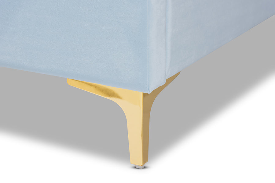Baxton Studio Saverio Glam and Luxe Light Blue Velvet Fabric Upholstered Queen Size Platform Bed with Gold-Tone Legs