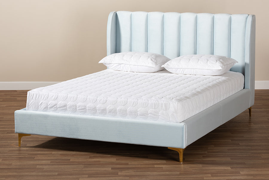 Baxton Studio Saverio Glam and Luxe Light Blue Velvet Fabric Upholstered Queen Size Platform Bed with Gold-Tone Legs