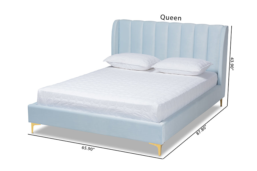 Baxton Studio Saverio Glam and Luxe Light Blue Velvet Fabric Upholstered Queen Size Platform Bed with Gold-Tone Legs