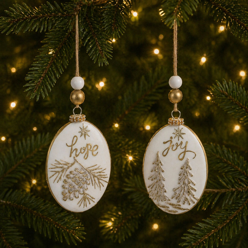Glittered Glass Hope and Joy Ornament with Wood Beads (Set of 12)