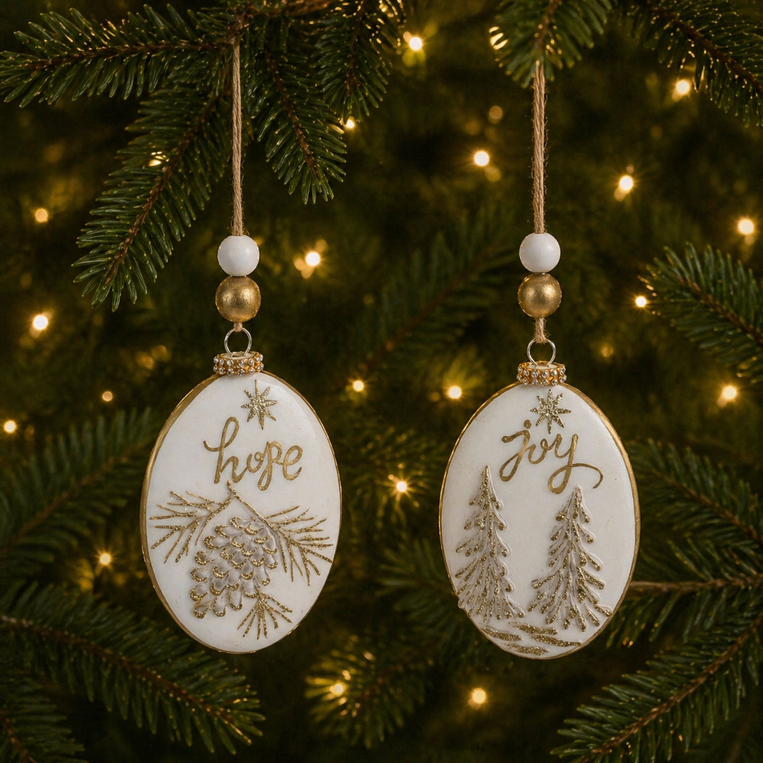 Glittered Glass Hope and Joy Ornament with Wood Beads (Set of 12)
