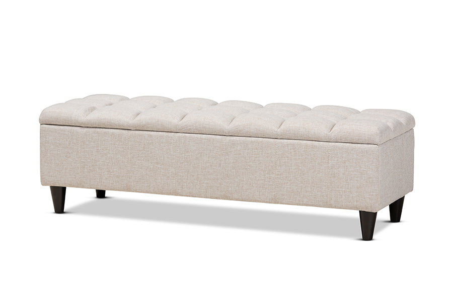Baxton Studio Brette Mid-Century Modern Light Blue Fabric Upholstered Dark Brown Finished Wood Storage Bench Ottoman