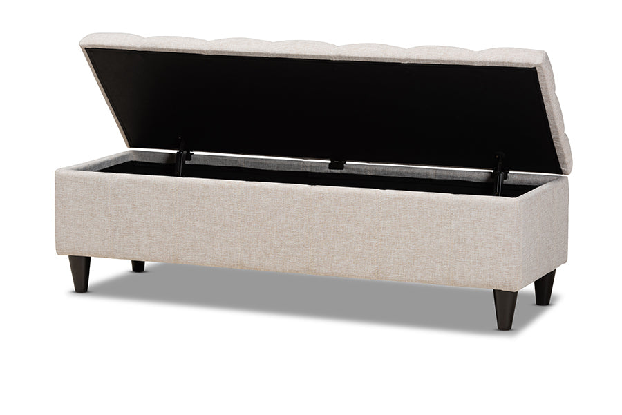 Baxton Studio Brette Mid-Century Modern Light Blue Fabric Upholstered Dark Brown Finished Wood Storage Bench Ottoman