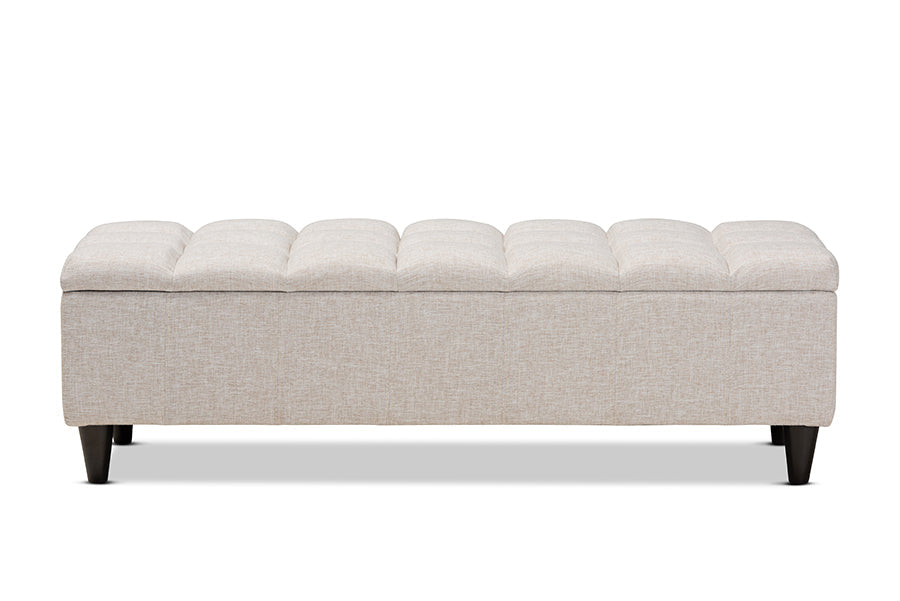 Baxton Studio Brette Mid-Century Modern Light Blue Fabric Upholstered Dark Brown Finished Wood Storage Bench Ottoman