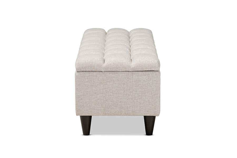 Baxton Studio Brette Mid-Century Modern Light Blue Fabric Upholstered Dark Brown Finished Wood Storage Bench Ottoman