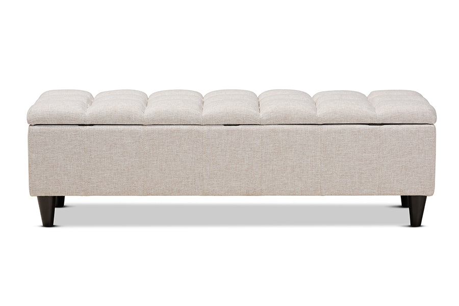 Baxton Studio Brette Mid-Century Modern Light Blue Fabric Upholstered Dark Brown Finished Wood Storage Bench Ottoman