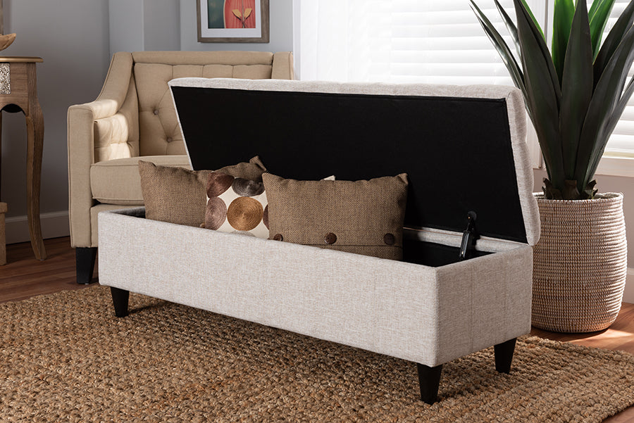 Baxton Studio Brette Mid-Century Modern Light Blue Fabric Upholstered Dark Brown Finished Wood Storage Bench Ottoman