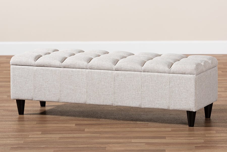 Baxton Studio Brette Mid-Century Modern Light Blue Fabric Upholstered Dark Brown Finished Wood Storage Bench Ottoman