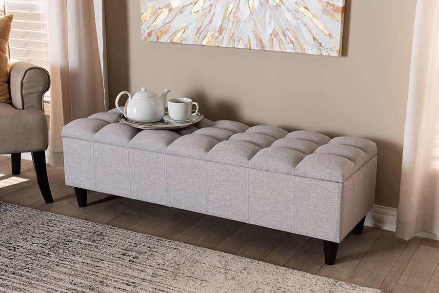 Baxton Studio Brette Mid-Century Modern Grayish Beige Fabric Upholstered Dark Brown Finished Wood Storage Bench Ottoman