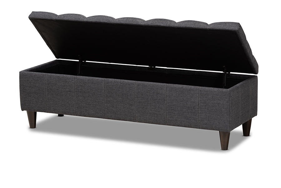 Baxton Studio Brette Mid-Century Modern Charcoal Fabric Upholstered Dark Brown Finished Wood Storage Bench Ottoman