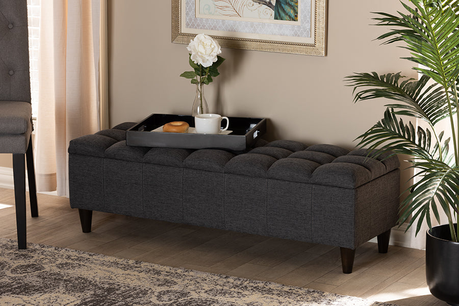 Baxton Studio Brette Mid-Century Modern Charcoal Fabric Upholstered Dark Brown Finished Wood Storage Bench Ottoman