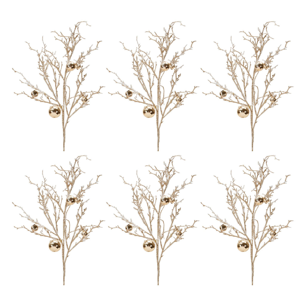 Flocked Twig Branch with Sleigh Bells (Set of 6)