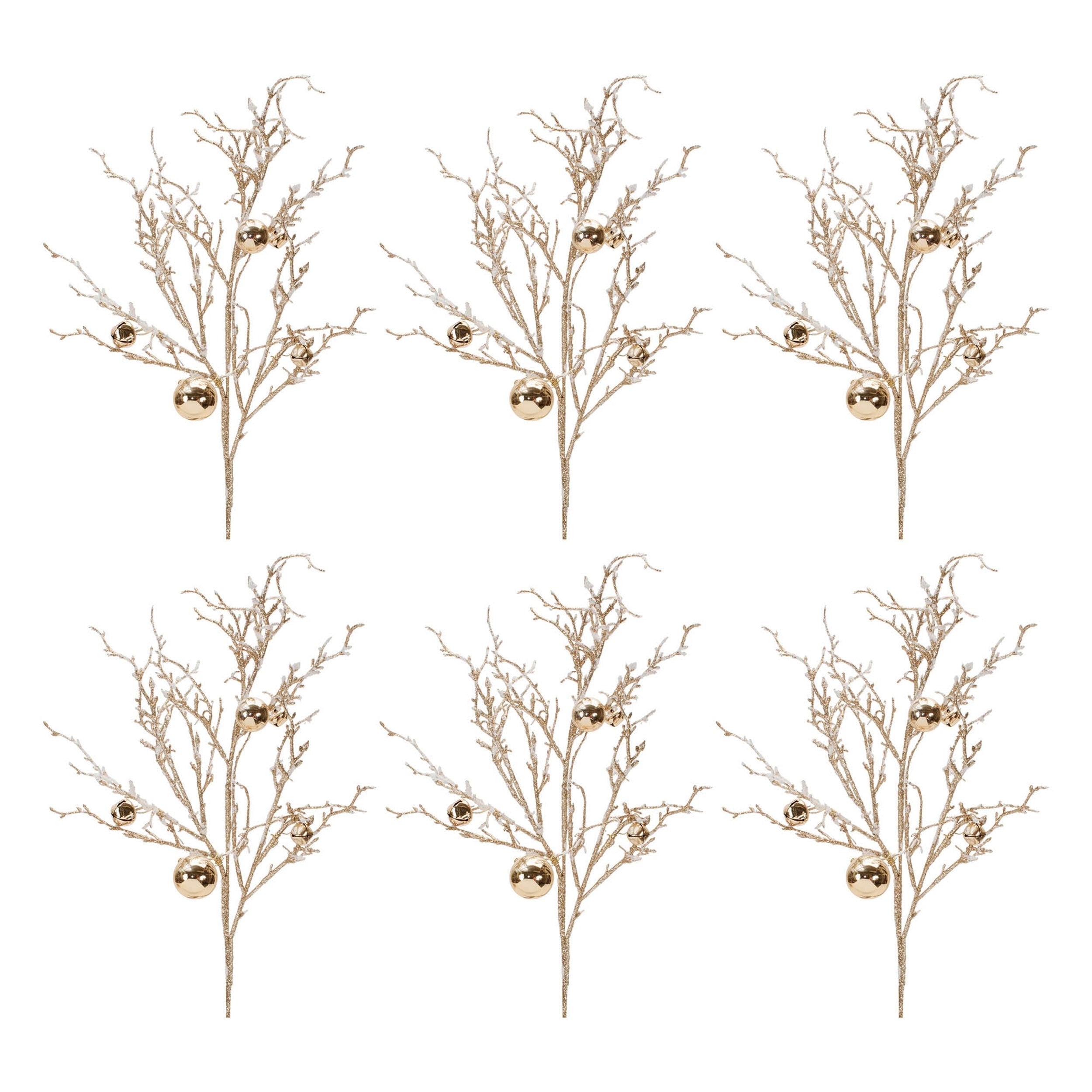 Flocked Twig Branch with Sleigh Bells (Set of 6)