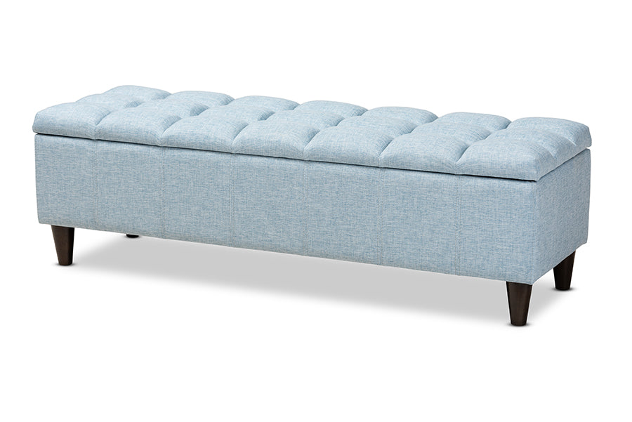 Baxton Studio Brette Mid-Century Modern Light Blue Fabric Upholstered Dark Brown Finished Wood Storage Bench Ottoman