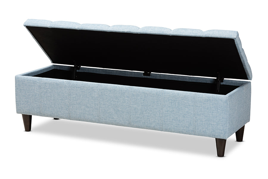 Baxton Studio Brette Mid-Century Modern Light Blue Fabric Upholstered Dark Brown Finished Wood Storage Bench Ottoman