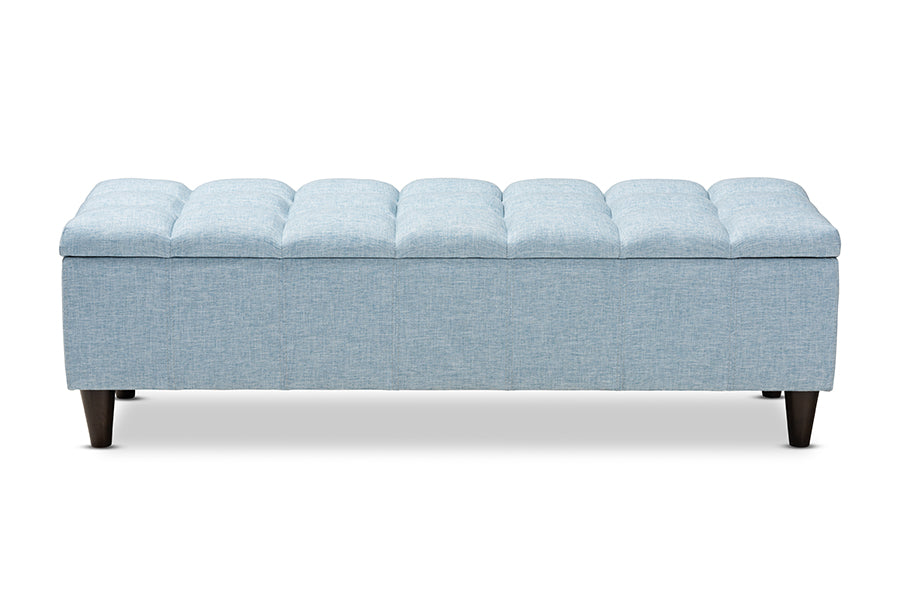 Baxton Studio Brette Mid-Century Modern Light Blue Fabric Upholstered Dark Brown Finished Wood Storage Bench Ottoman