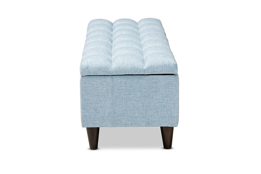Baxton Studio Brette Mid-Century Modern Light Blue Fabric Upholstered Dark Brown Finished Wood Storage Bench Ottoman