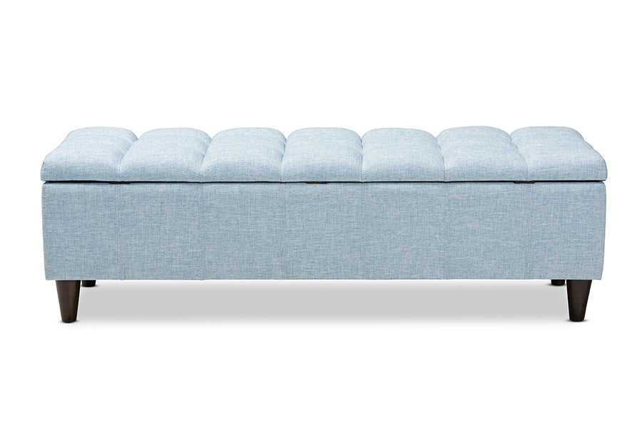 Baxton Studio Brette Mid-Century Modern Light Blue Fabric Upholstered Dark Brown Finished Wood Storage Bench Ottoman