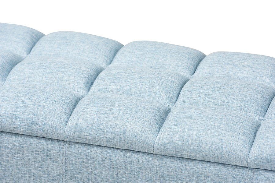 Baxton Studio Brette Mid-Century Modern Light Blue Fabric Upholstered Dark Brown Finished Wood Storage Bench Ottoman