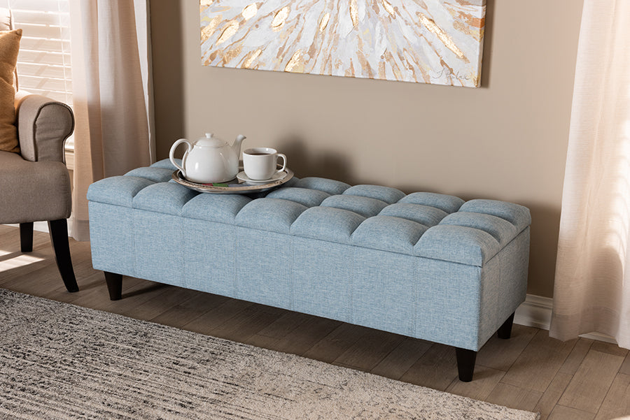 Baxton Studio Brette Mid-Century Modern Light Blue Fabric Upholstered Dark Brown Finished Wood Storage Bench Ottoman