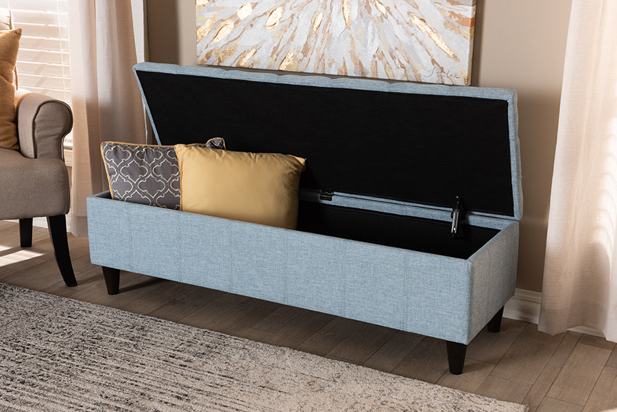 Baxton Studio Brette Mid-Century Modern Light Blue Fabric Upholstered Dark Brown Finished Wood Storage Bench Ottoman