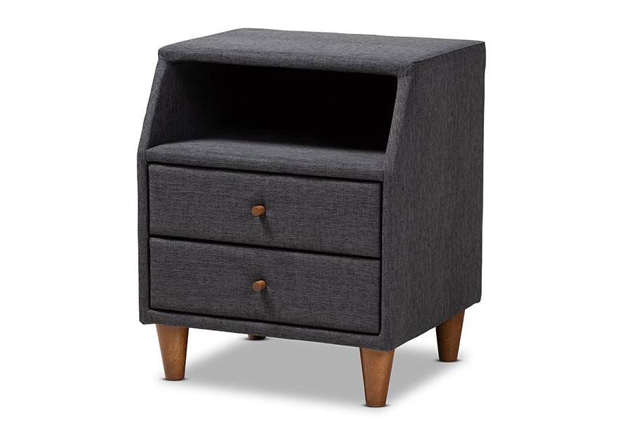 Baxton Studio Claverie Mid-Century Modern Charcoal Fabric Upholstered 2-Drawer Wood Nightstand