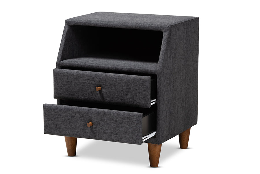 Baxton Studio Claverie Mid-Century Modern Charcoal Fabric Upholstered 2-Drawer Wood Nightstand