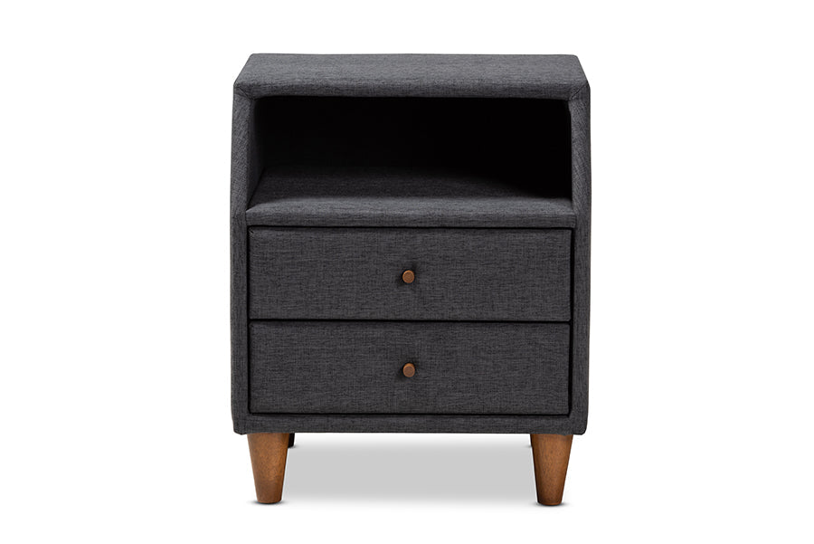 Baxton Studio Claverie Mid-Century Modern Charcoal Fabric Upholstered 2-Drawer Wood Nightstand
