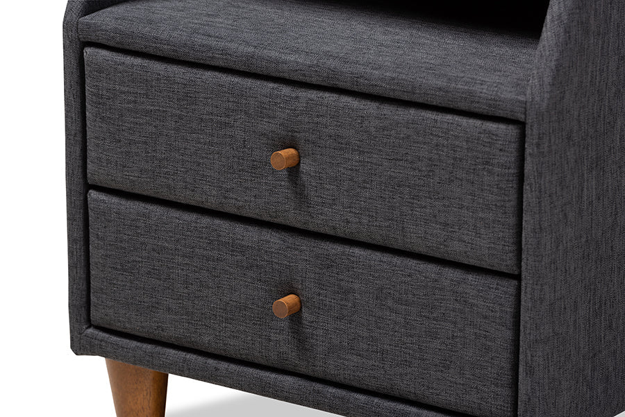 Baxton Studio Claverie Mid-Century Modern Charcoal Fabric Upholstered 2-Drawer Wood Nightstand