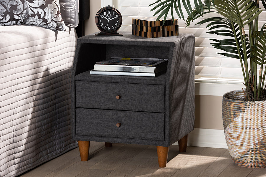 Baxton Studio Claverie Mid-Century Modern Charcoal Fabric Upholstered 2-Drawer Wood Nightstand