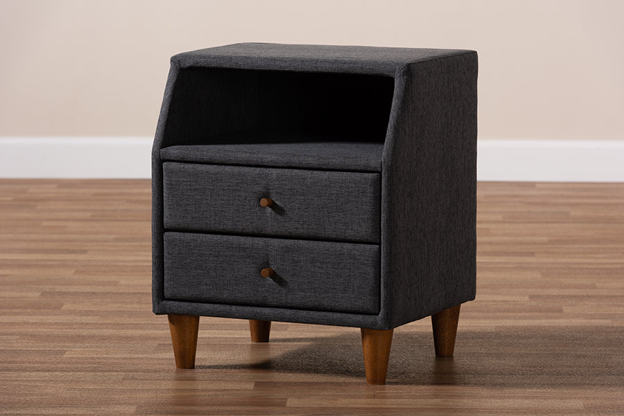 Baxton Studio Claverie Mid-Century Modern Charcoal Fabric Upholstered 2-Drawer Wood Nightstand