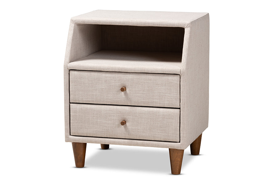 Baxton Studio Claverie Mid-Century Modern Beige Fabric Upholstered 2-Drawer Wood Nightstand