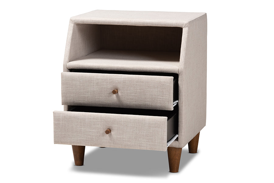 Baxton Studio Claverie Mid-Century Modern Beige Fabric Upholstered 2-Drawer Wood Nightstand