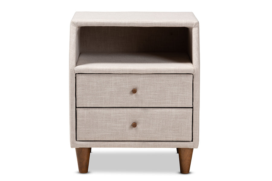 Baxton Studio Claverie Mid-Century Modern Beige Fabric Upholstered 2-Drawer Wood Nightstand