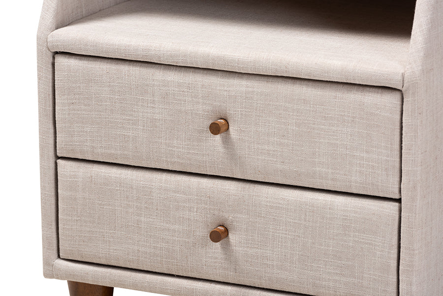 Baxton Studio Claverie Mid-Century Modern Beige Fabric Upholstered 2-Drawer Wood Nightstand
