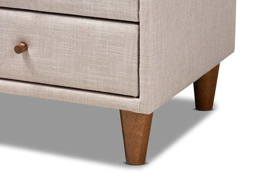 Baxton Studio Claverie Mid-Century Modern Beige Fabric Upholstered 2-Drawer Wood Nightstand