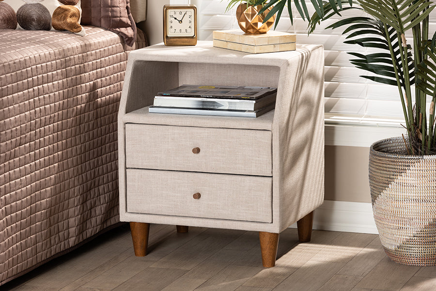 Baxton Studio Claverie Mid-Century Modern Beige Fabric Upholstered 2-Drawer Wood Nightstand