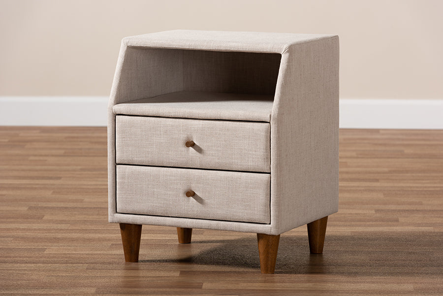 Baxton Studio Claverie Mid-Century Modern Beige Fabric Upholstered 2-Drawer Wood Nightstand