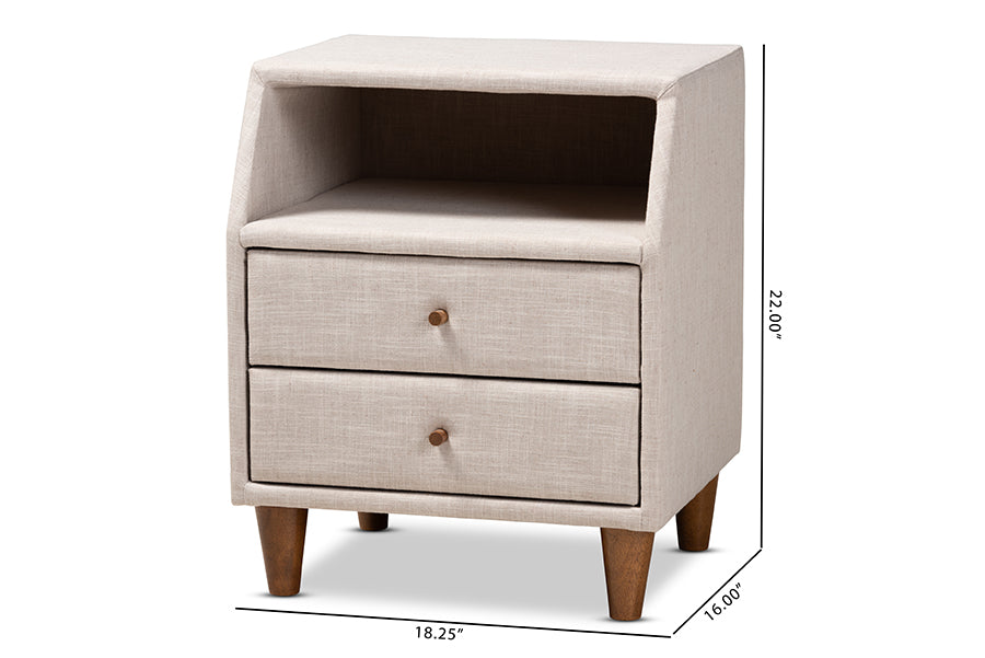 Baxton Studio Claverie Mid-Century Modern Beige Fabric Upholstered 2-Drawer Wood Nightstand