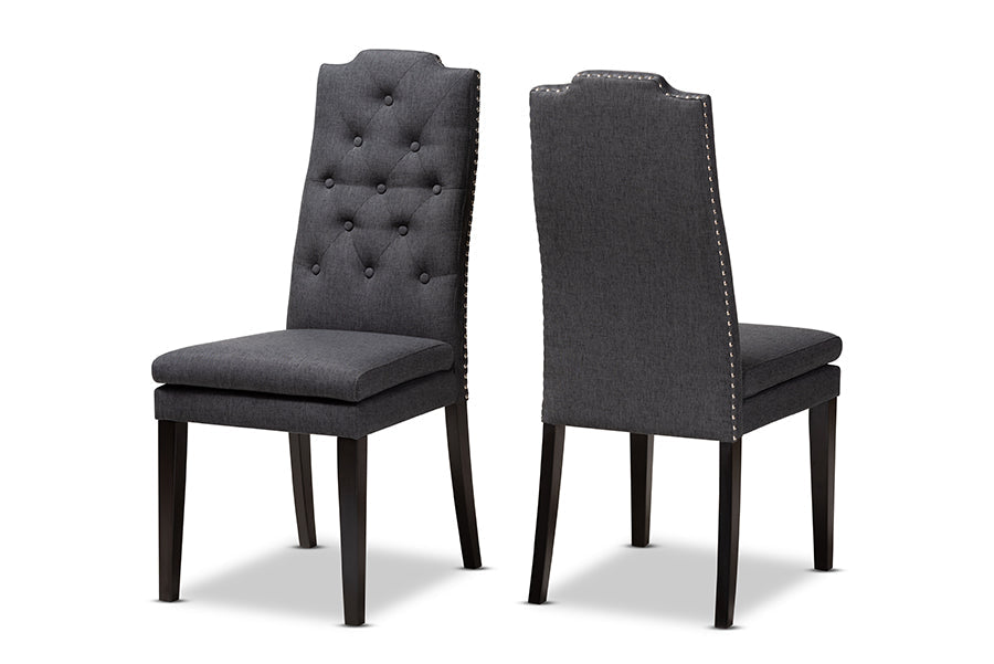Baxton Studio Dylin Modern and Contemporary Charcoal Fabric Upholstered Button Tufted Wood Dining Chair Set of 2