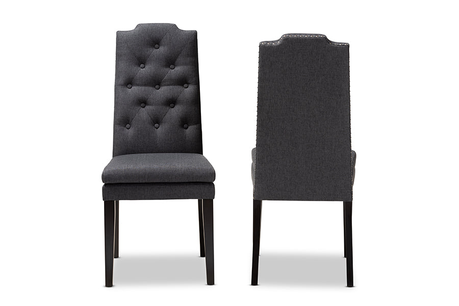 Baxton Studio Dylin Modern and Contemporary Charcoal Fabric Upholstered Button Tufted Wood Dining Chair Set of 2