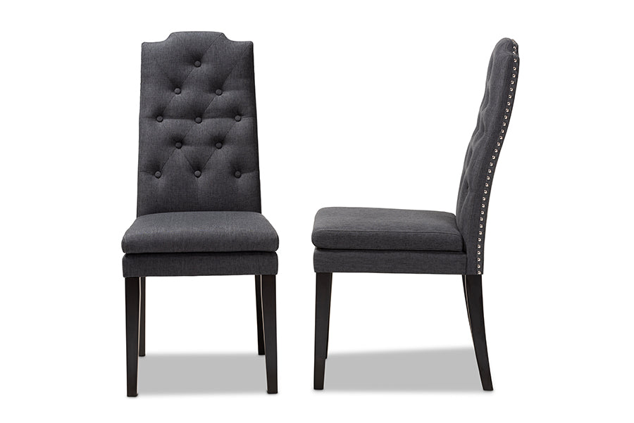 Baxton Studio Dylin Modern and Contemporary Charcoal Fabric Upholstered Button Tufted Wood Dining Chair Set of 2